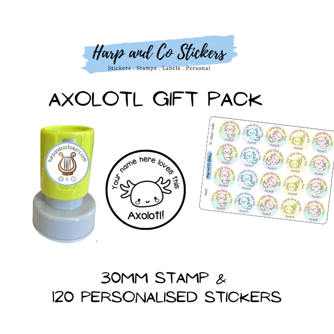 Gift Pack 30mm Stamp + 120 Stickers - Axolotl