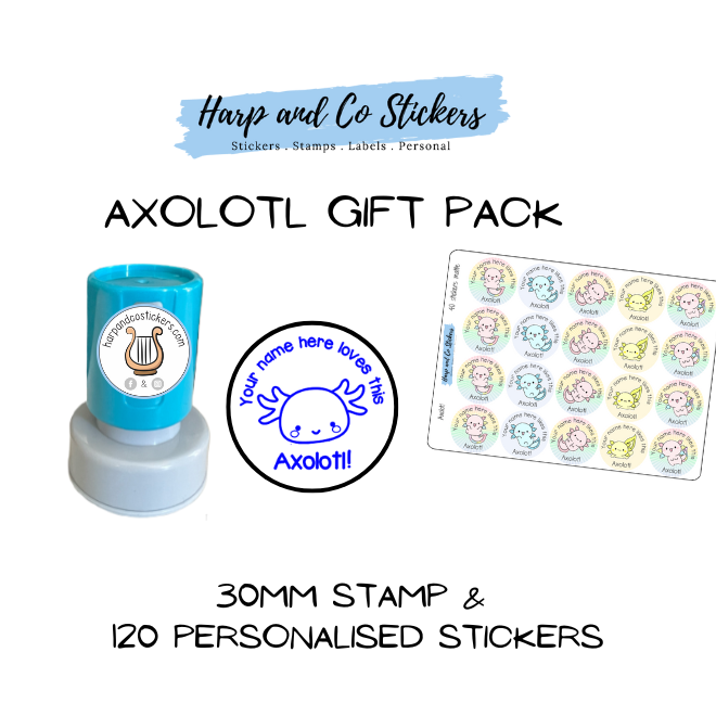 Gift Pack 30mm Stamp + 120 Stickers - Axolotl