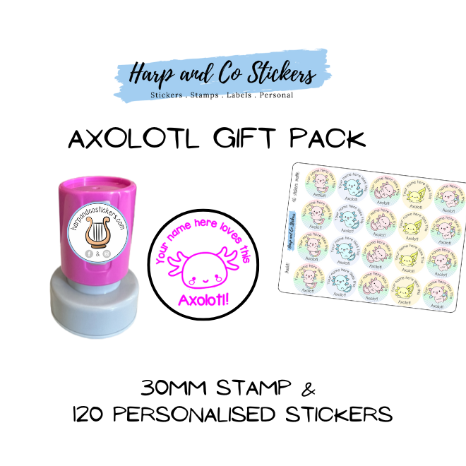 Gift Pack 30mm Stamp + 120 Stickers - Axolotl