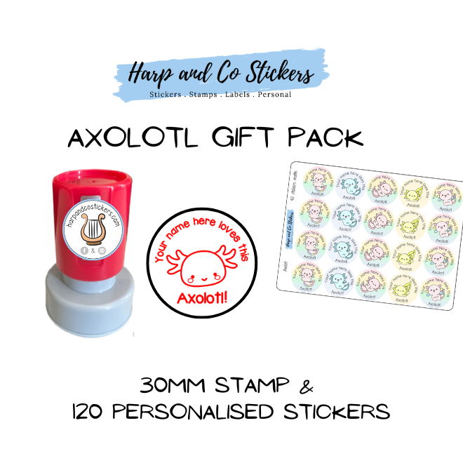 Gift Pack 30mm Stamp + 120 Stickers - Axolotl